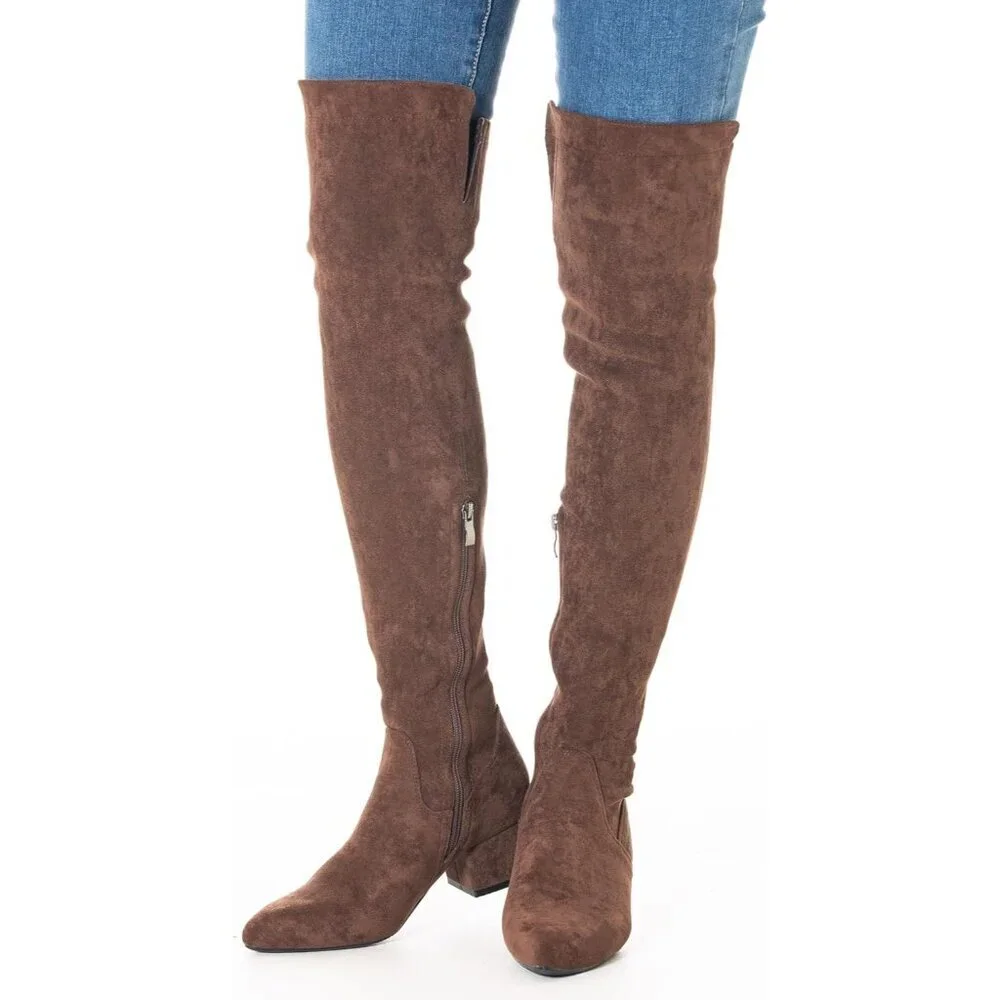 Women Coffee\2 Ihch Suede Over the Knee Thigh High Chunky Block Heel Boots